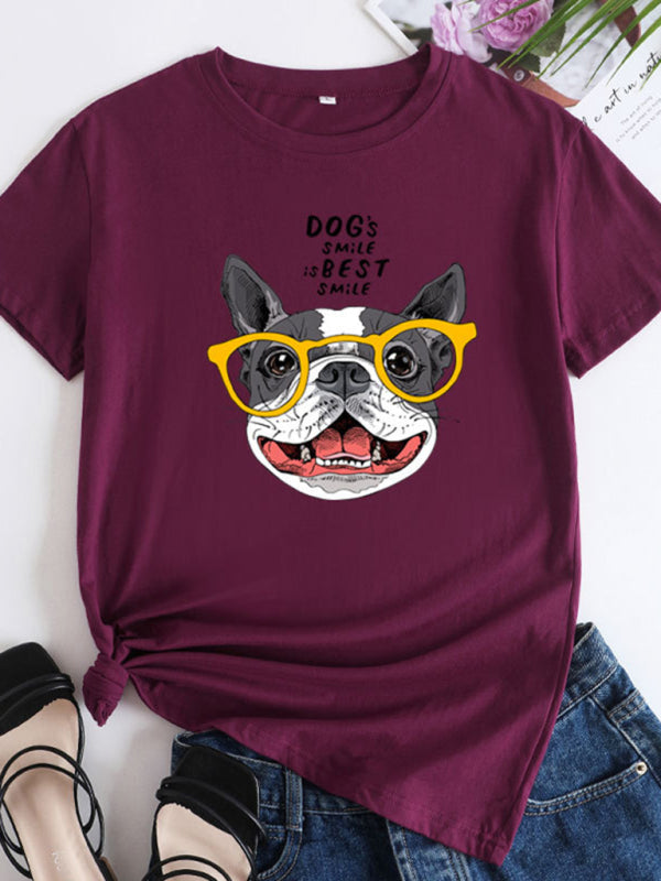 T-shirt en coton à manches courtes pour femmes Playful Pup Print