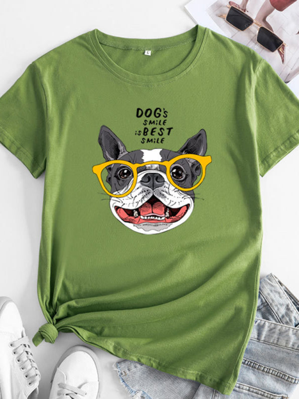 T-shirt en coton à manches courtes pour femmes Playful Pup Print