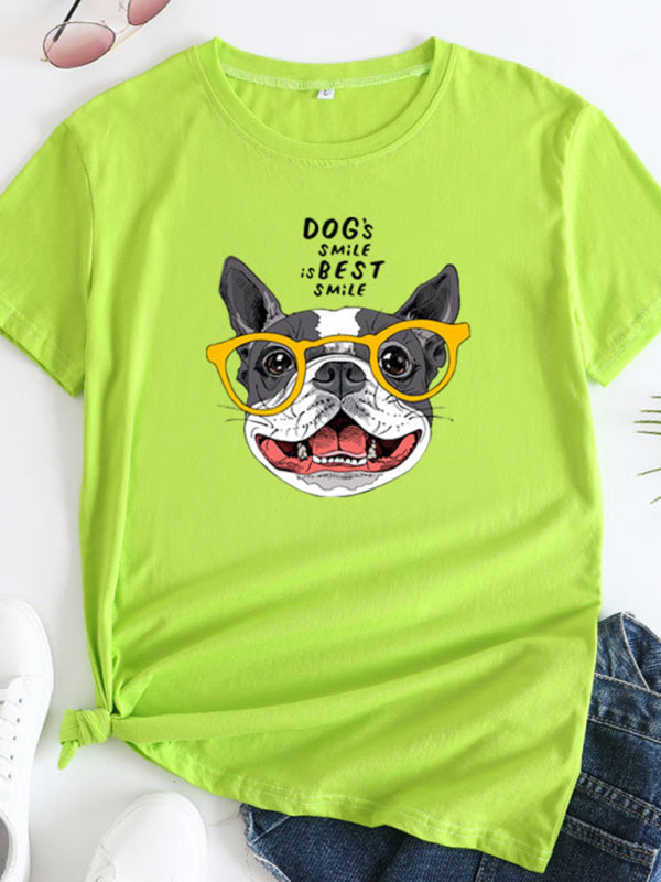 T-shirt en coton à manches courtes pour femmes Playful Pup Print