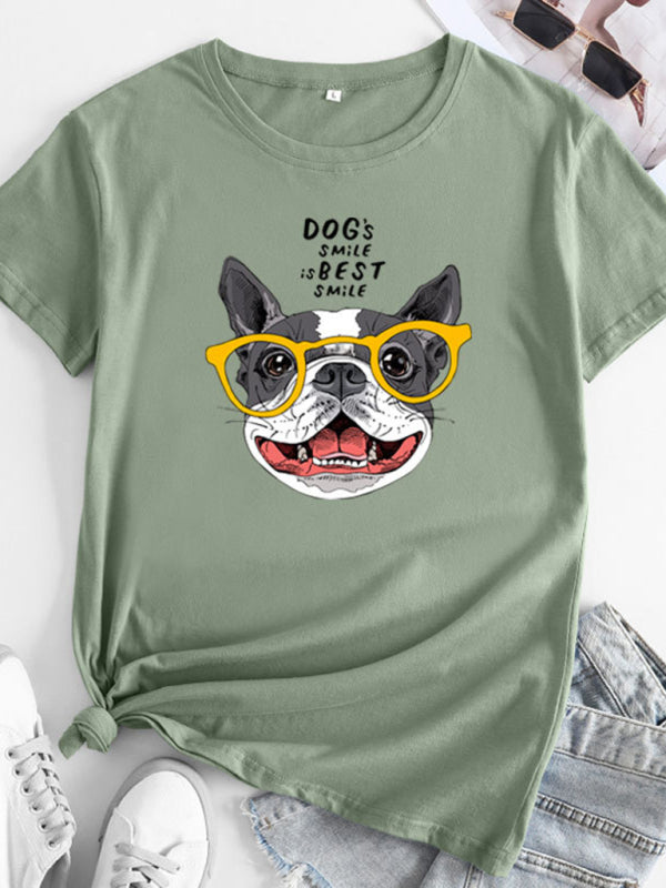 T-shirt en coton à manches courtes pour femmes Playful Pup Print