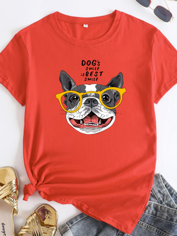 T-shirt en coton à manches courtes pour femmes Playful Pup Print