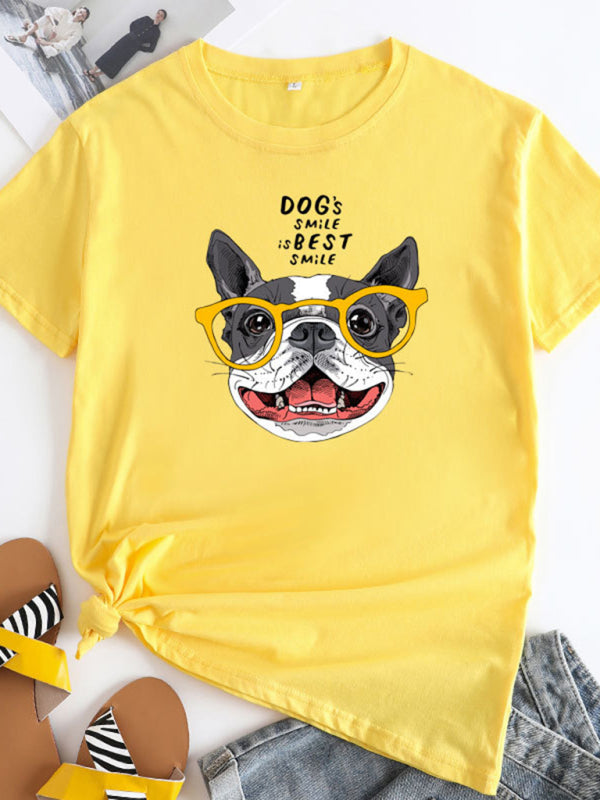 T-shirt en coton à manches courtes pour femmes Playful Pup Print