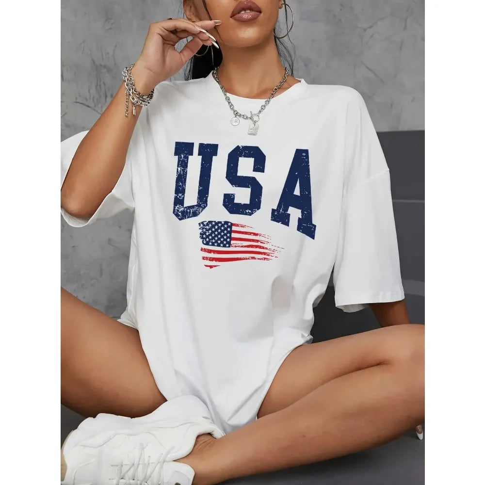 Tees- Women USA Tee for Independence Day- White- Chuzko Women Clothing