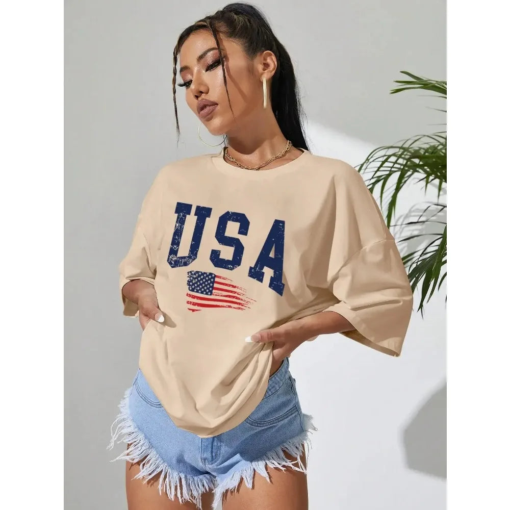 Tees- Women USA Tee for Independence Day- Khaki- Chuzko Women Clothing