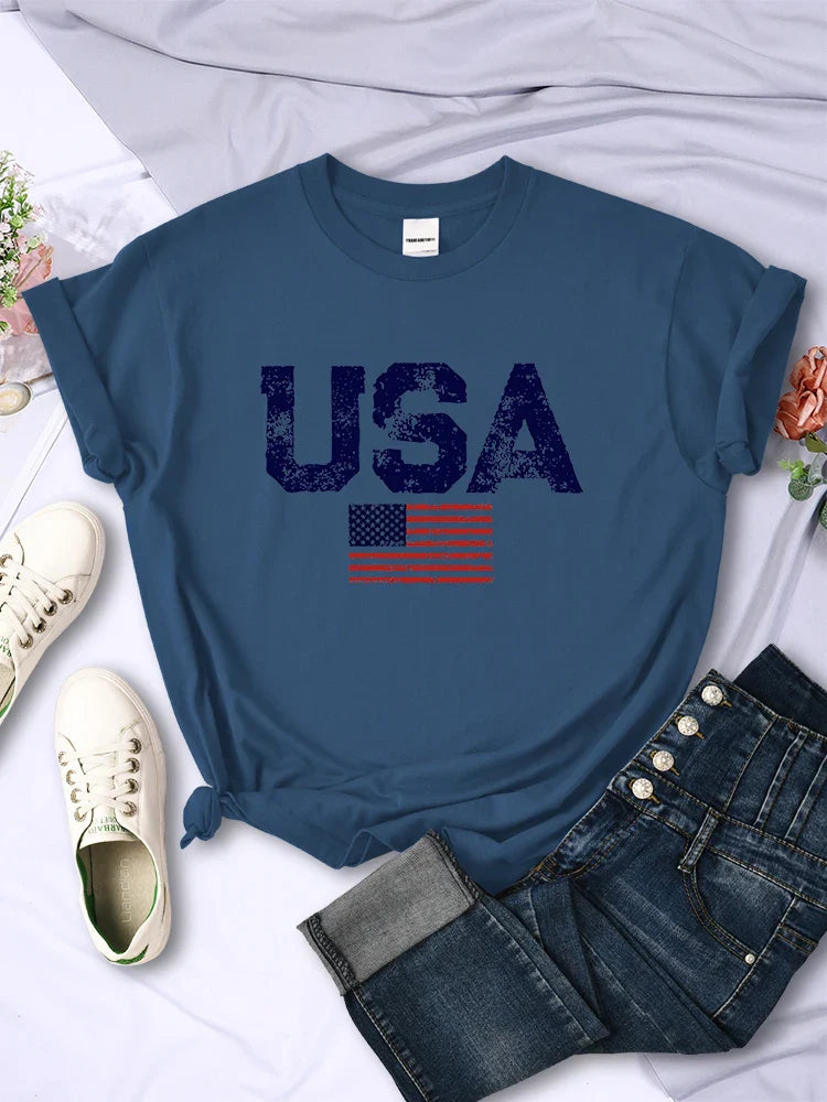 Tees- Women's American Flag T-Shirt for July 4th- Haze Blue- Chuzko Women Clothing