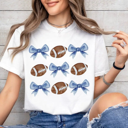 Tees- Women's Football & Bow Patterned Tee- White- Chuzko Women Clothing