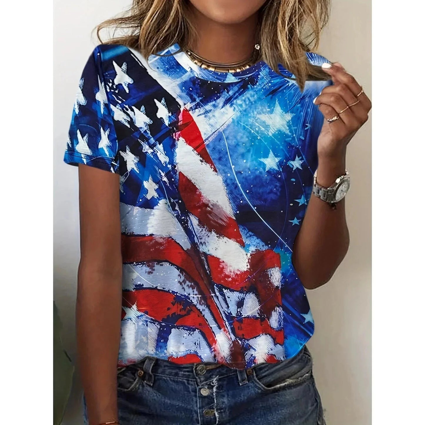 Tees- Women’s Patriotic Print T-Shirt for National Celebrations- Blue- Chuzko Women Clothing