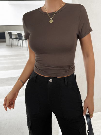 Tees- Women's Solid Crop T-Shirt for Everyday Wear- Brown- Pekosa Women Fashion