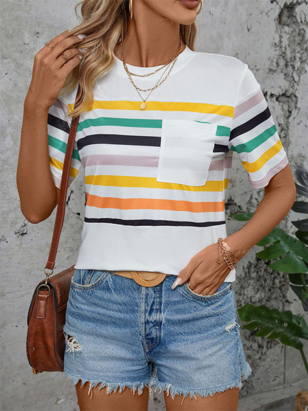 Women's Stripe Crew Neck T-Shirt with Short Sleeves