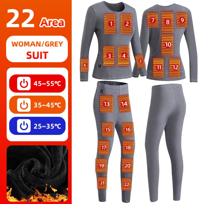 Thermal Outfits - 22 Zone Heated Underwear USB Thermals for Outdoor