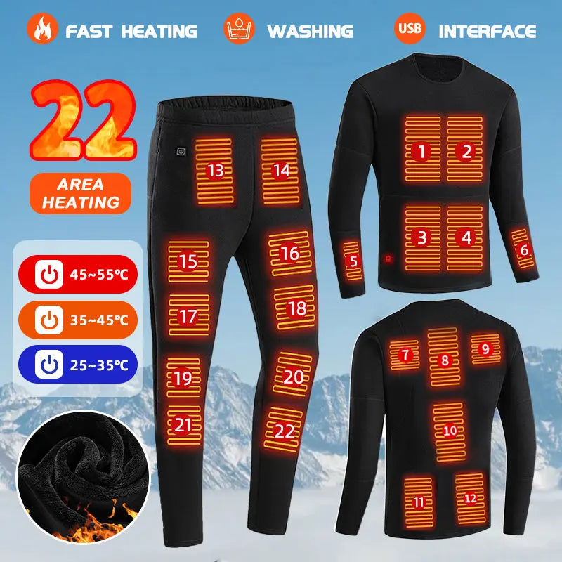 Thermal Outfits - 22 Zone Heated Underwear USB Thermals for Outdoor