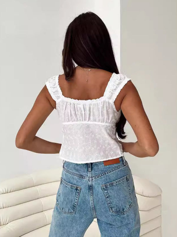 Tie Tops- Eyelet Frill Tie-Up Women's Summer Sleeveless Square Top- - Chuzko Women Clothing