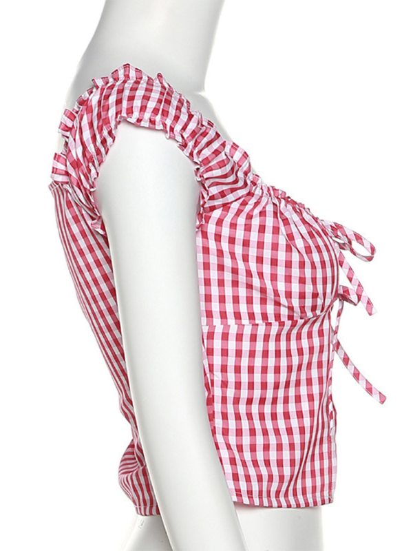 Tie-Up Tops- Retro Red Gingham Crop Top- - Pekosa Women Fashion