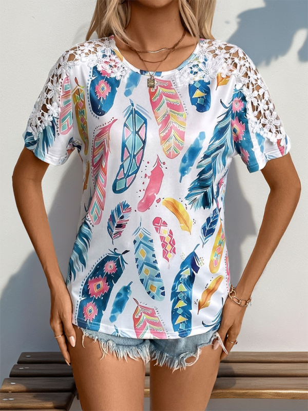 Lace Trimmed Summer Blouse - Colorful Leaf Print Top