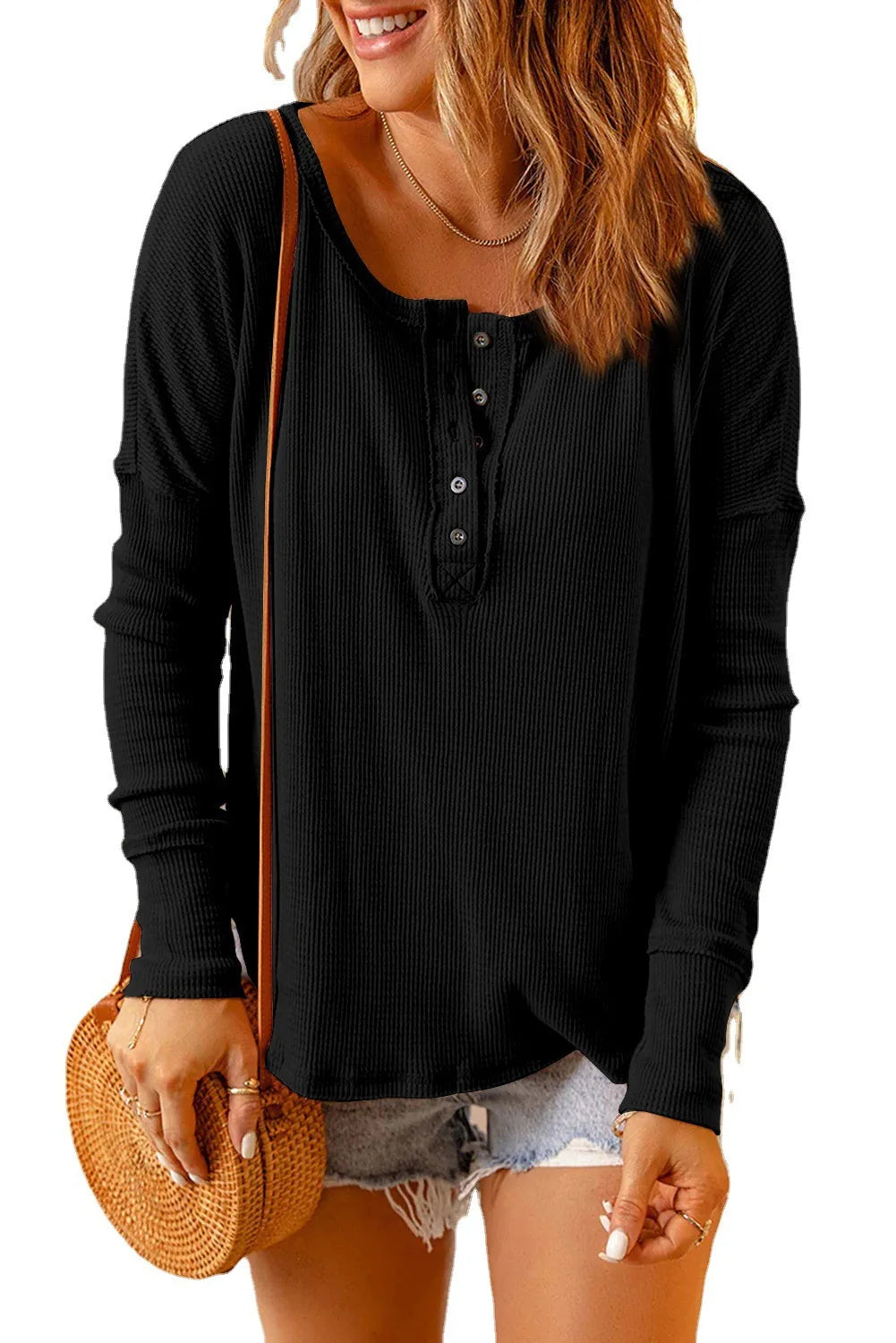 Tops- Long-Sleeve Casual Top Oversized Textured Fall T-Shirt