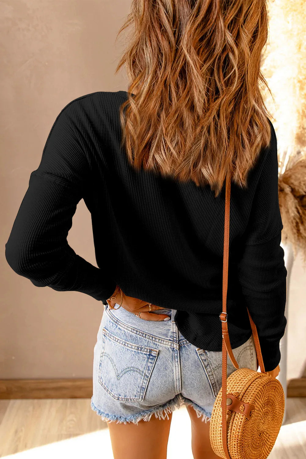 Tops- Long-Sleeve Casual Top Oversized Textured Fall T-Shirt