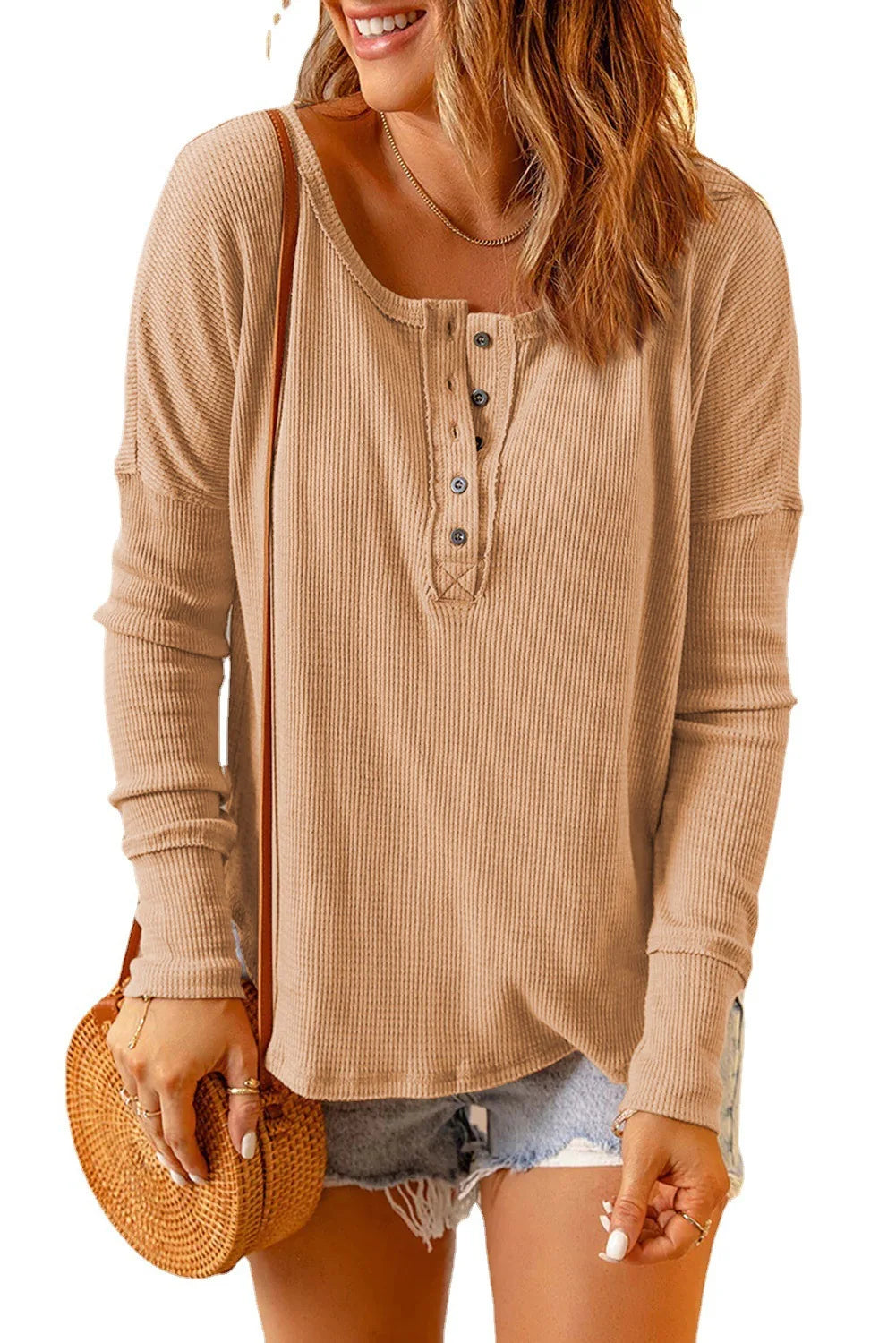 Tops- Long-Sleeve Casual Top Oversized Textured Fall T-Shirt