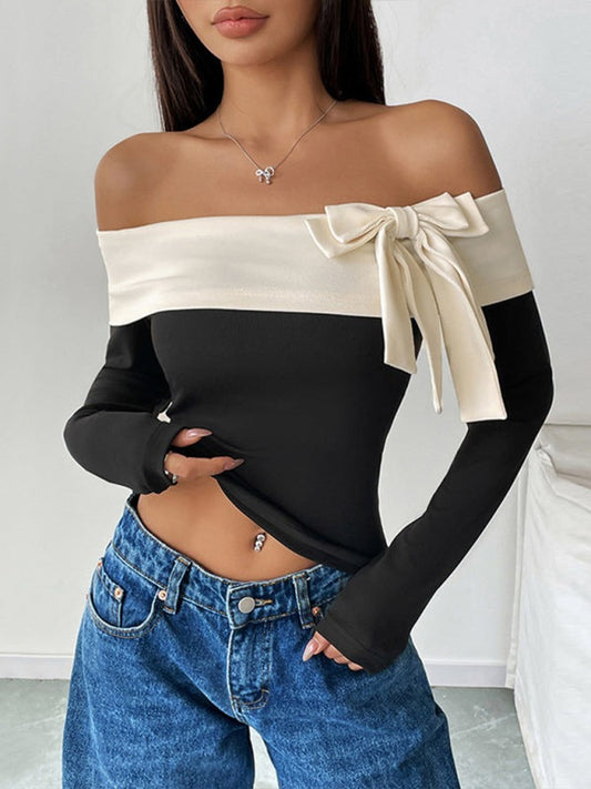 Tops - Off-Shoulder Top with Bow Accent