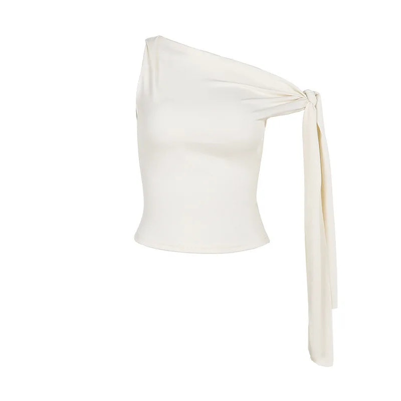 Tops- One-Shoulder Top in Cream with Bow Accent- - Pekosa Women Fashion