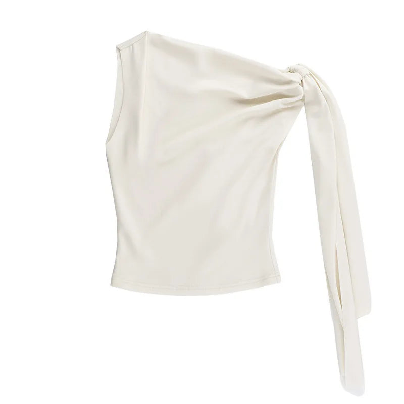 Tops- One-Shoulder Top in Cream with Bow Accent- - Pekosa Women Fashion