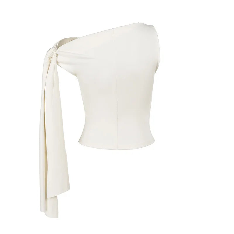 Tops- One-Shoulder Top in Cream with Bow Accent- - Pekosa Women Fashion