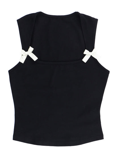 Ribbon-Adorned Women's Slim Fit Tank Solid Sleeveless Top