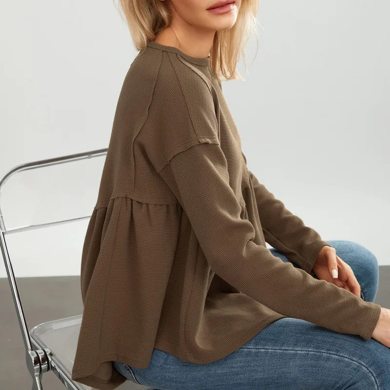 Tops- Ruffled Oversized Top Long-Sleeve Fancy Pullover