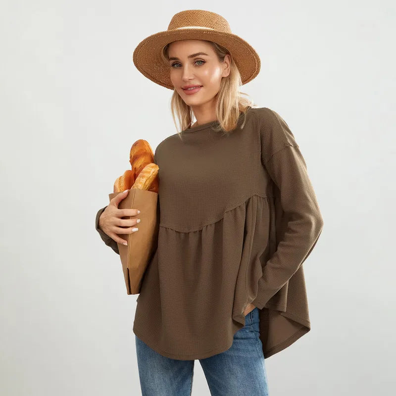 Tops- Ruffled Oversized Top Long-Sleeve Fancy Pullover