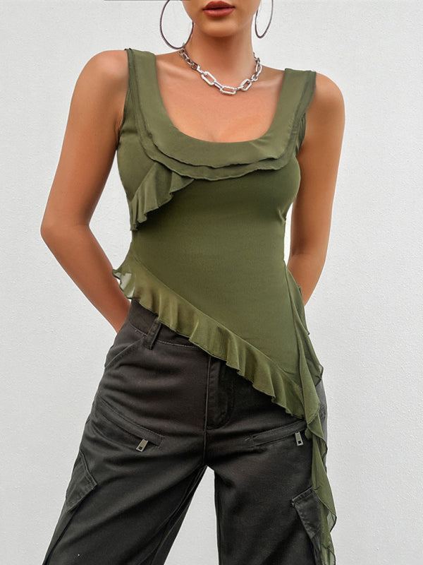 Square Neck Ruffle Top Women's Sleeveless Asymmetric Blouse