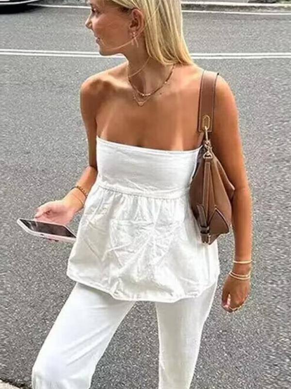 Tops- Summer Solid Cotton Peplum Strapless Tube Top for Women- - Pekosa Women Fashion