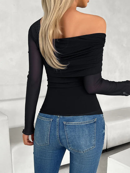 Tops- Women Fall One Shoulder Sheer Long Sleeve Top- - Pekosa Women Fashion