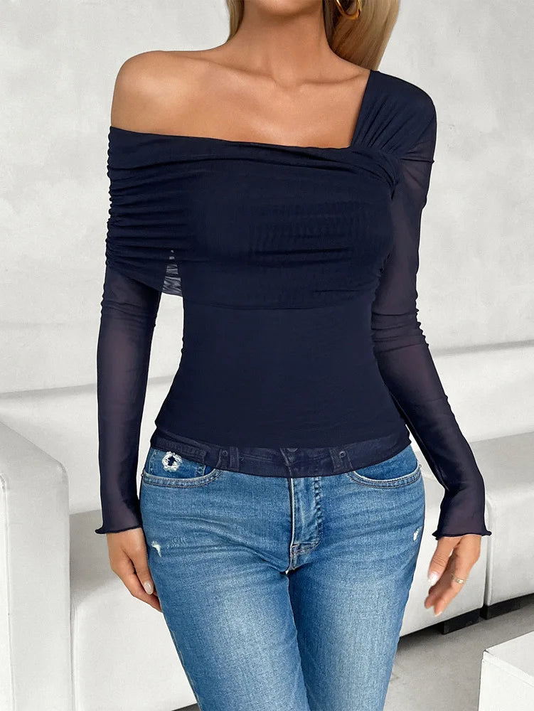 Tops- Women Fall One Shoulder Sheer Long Sleeve Top- Navy Blue- Pekosa Women Fashion