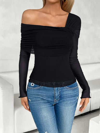 Tops- Women Fall One Shoulder Sheer Long Sleeve Top- - Pekosa Women Fashion