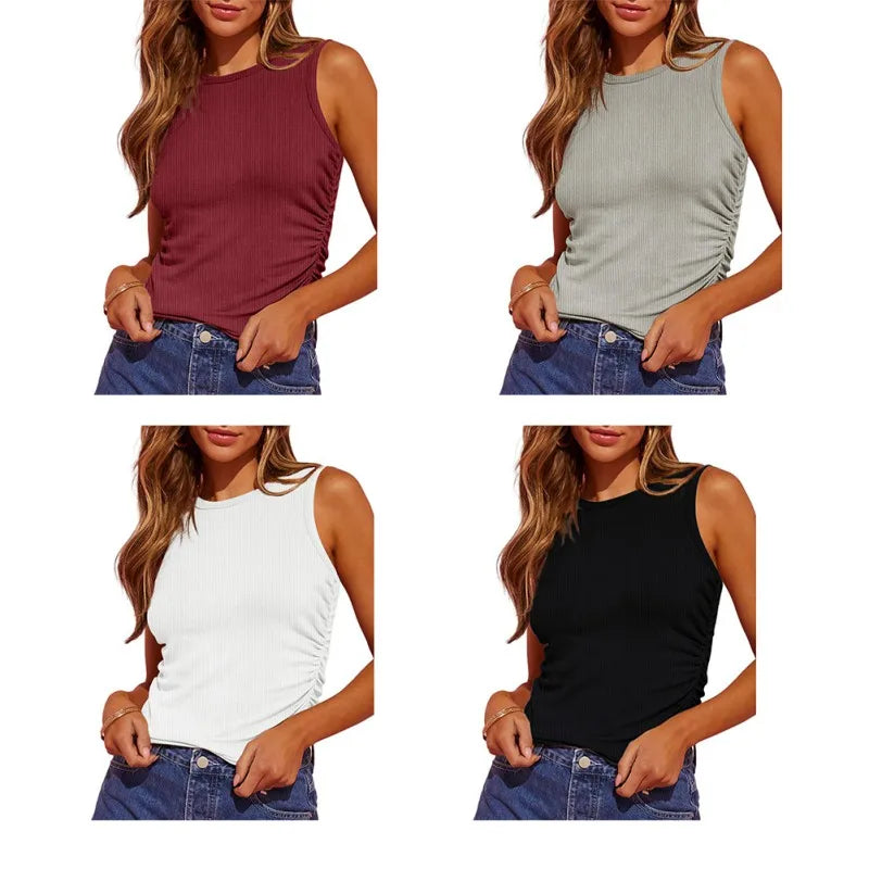 Tops- Women Slim Fit Tank Top with Ruched Detail- - Pekosa Women Fashion