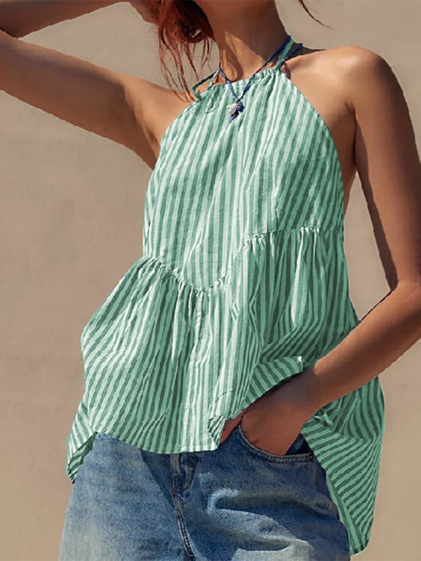 Tops- Women's Backless Peplum Top with Stripes- Green- Chuzko Women Clothing