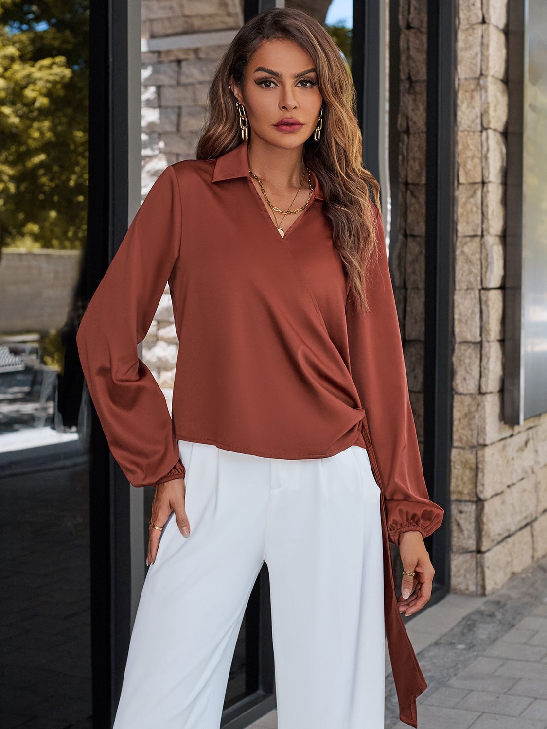 Tops for Dinner- Satin Surplice V-Neck Blouse for Fine Dining- - Pekosa Women Clothing