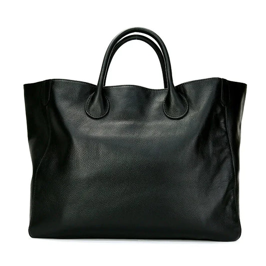 Tote Bags- Large Genuine Leather Shopper Tote Bag- Black- Pekosa Women Fashion