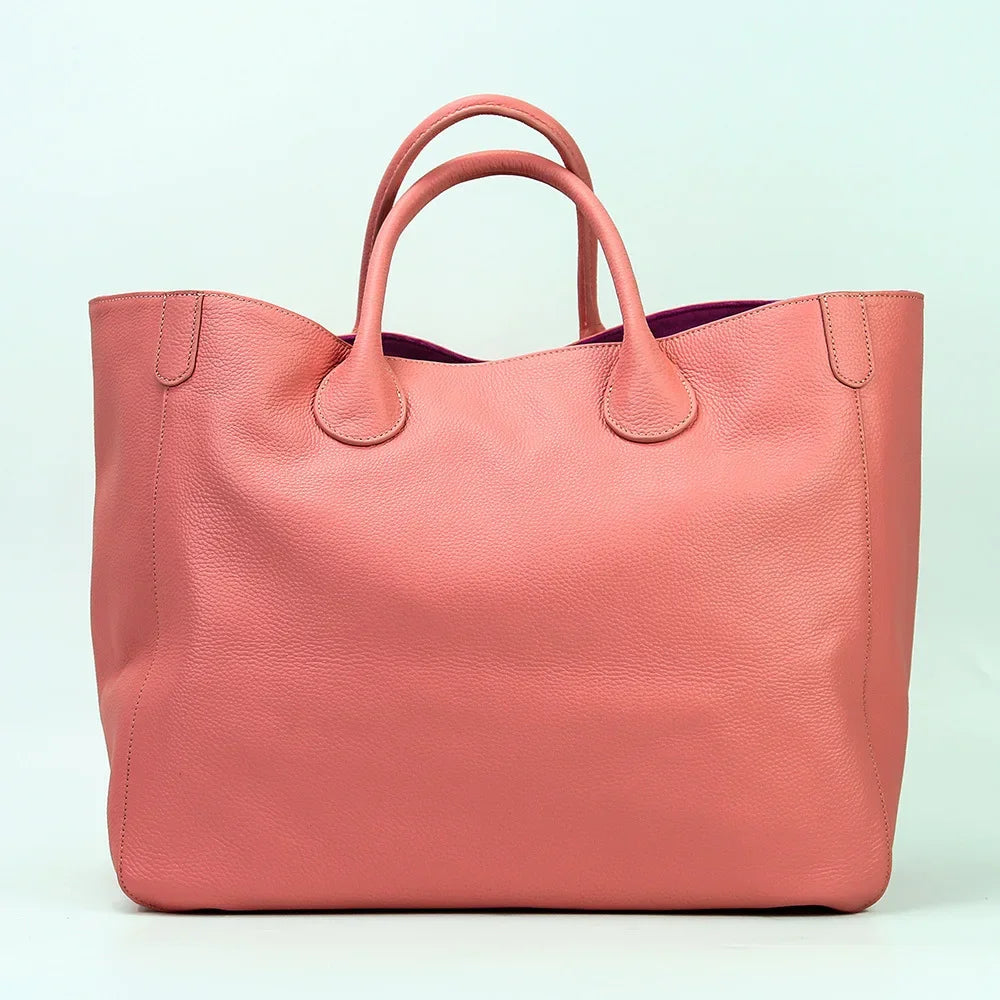 Tote Bags- Large Genuine Leather Shopper Tote Bag- Pink- Pekosa Women Fashion