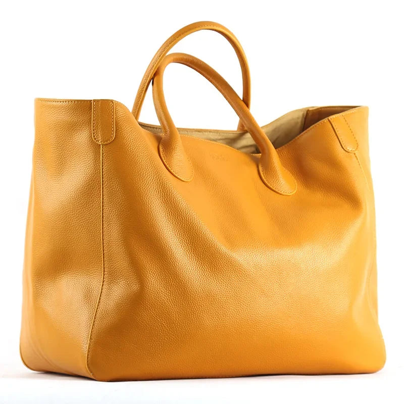 Tote Bags- Large Genuine Leather Shopper Tote Bag- Yellow- Pekosa Women Fashion