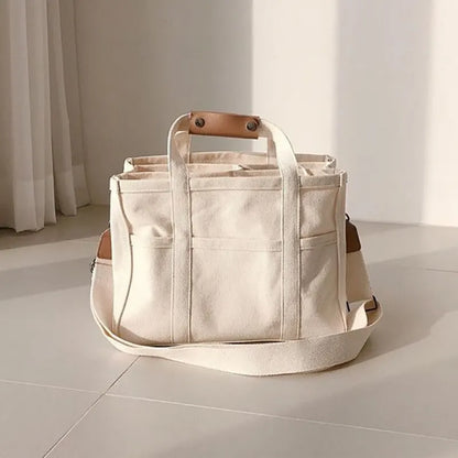 Tote Bags- Multi-Functional Canvas Tote Bag with Crossbody Strap- Beige- Pekosa Women Fashion