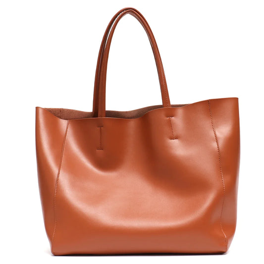 Tote Bags- Versatile Genuine Leather Tote Bag - Office to Outing- Tan- Pekosa Women Fashion