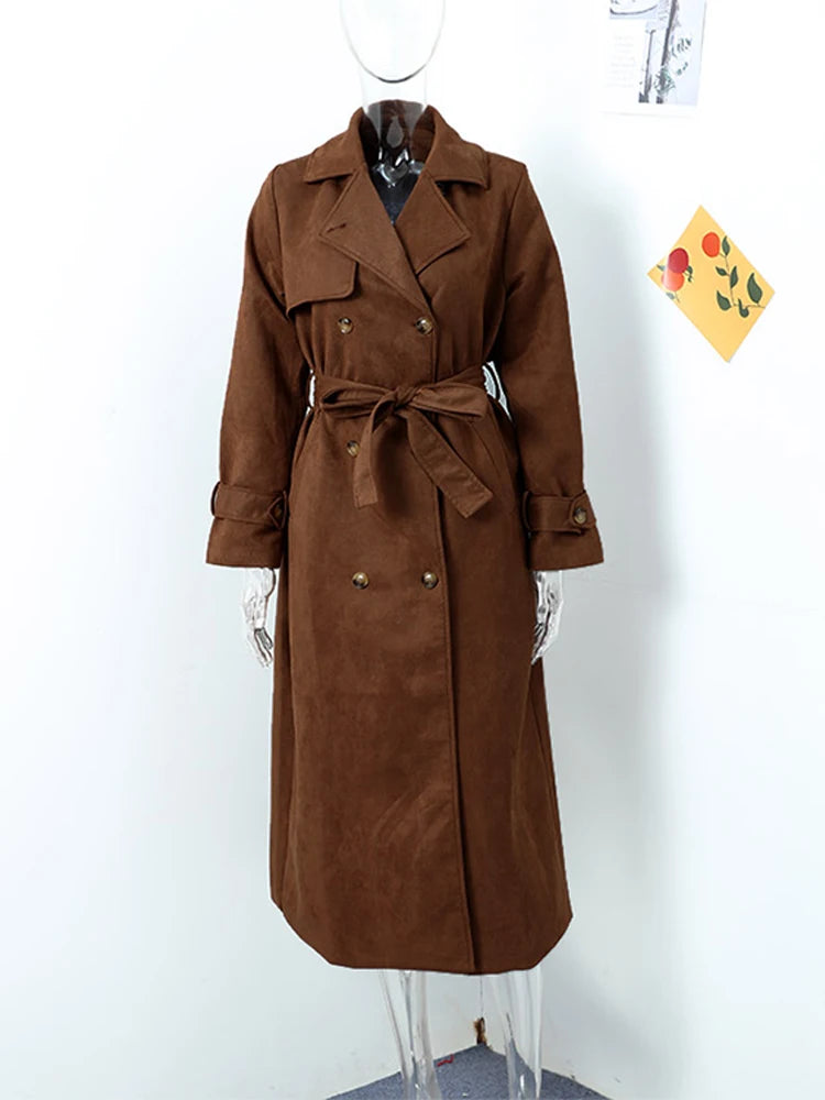 Trench Coats - Double-Breasted Windbreaker Faux Suede Notch Lapel Coat