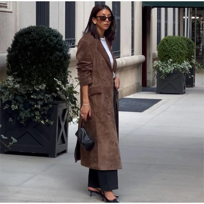 Trench Coats - Double-Breasted Windbreaker Faux Suede Notch Lapel Coat