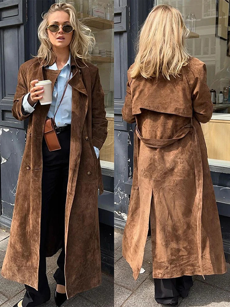 Trench Coats - Double-Breasted Windbreaker Faux Suede Notch Lapel Coat