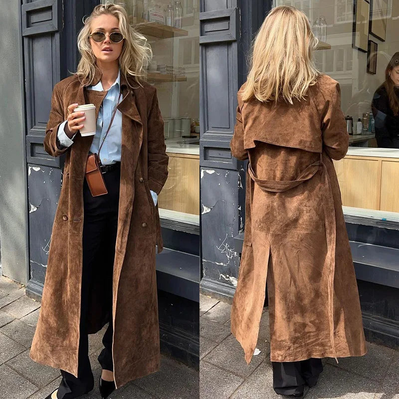 Trench Coats - Double-Breasted Windbreaker Faux Suede Notch Lapel Coat