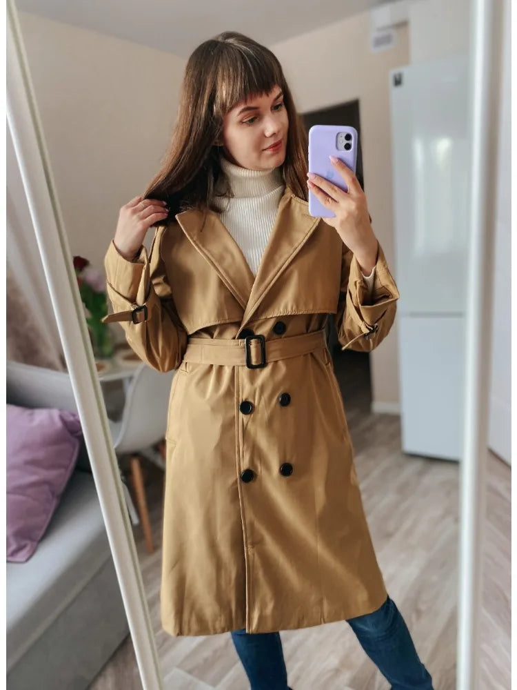 Trench Coats- Essential Mid-Length Trench Coat for Women Layering- - Chuzko Women Clothing