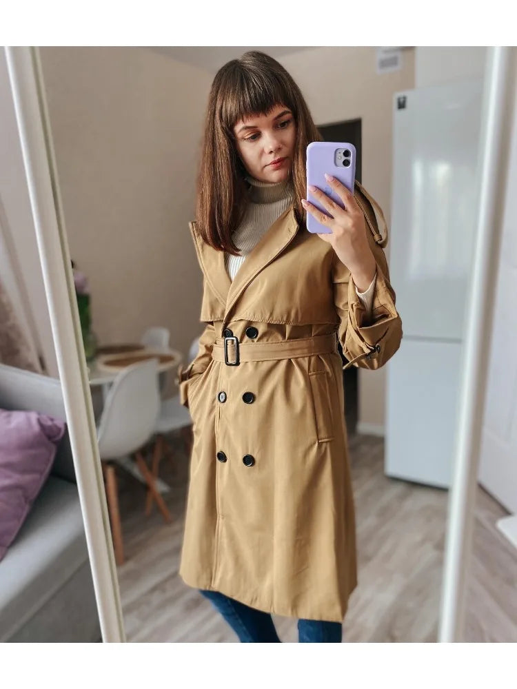 Trench Coats- Essential Mid-Length Trench Coat for Women Layering- - Chuzko Women Clothing