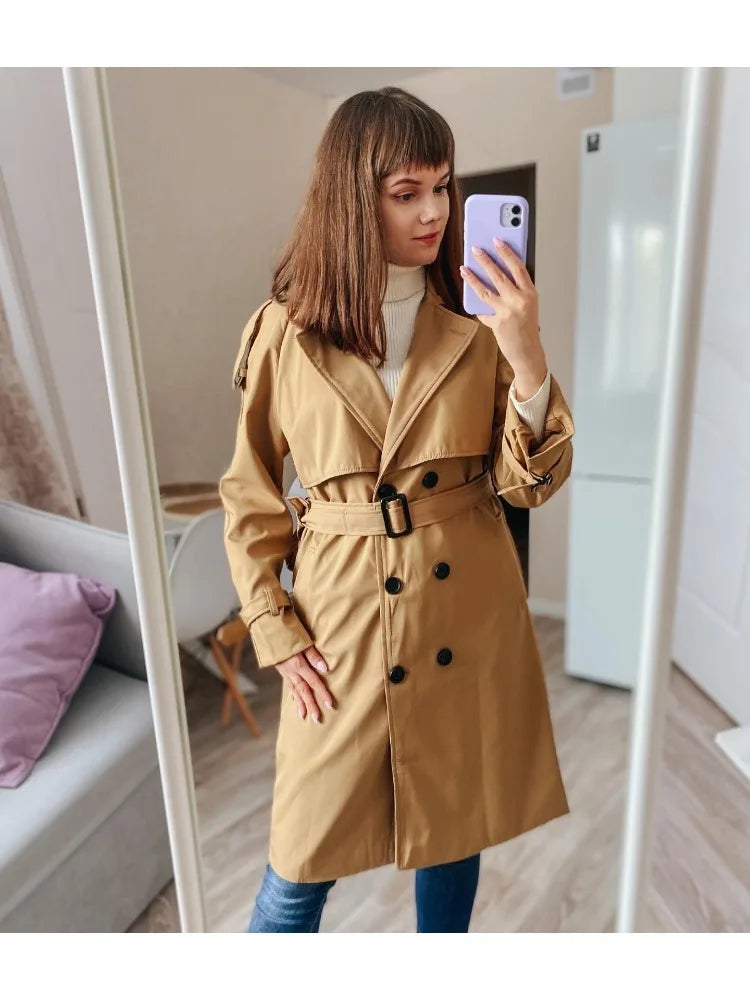 Trench Coats- Essential Mid-Length Trench Coat for Women Layering- - Chuzko Women Clothing