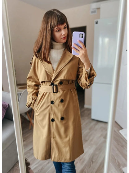 Trench Coats- Essential Mid-Length Trench Coat for Women Layering- Khaki- Chuzko Women Clothing