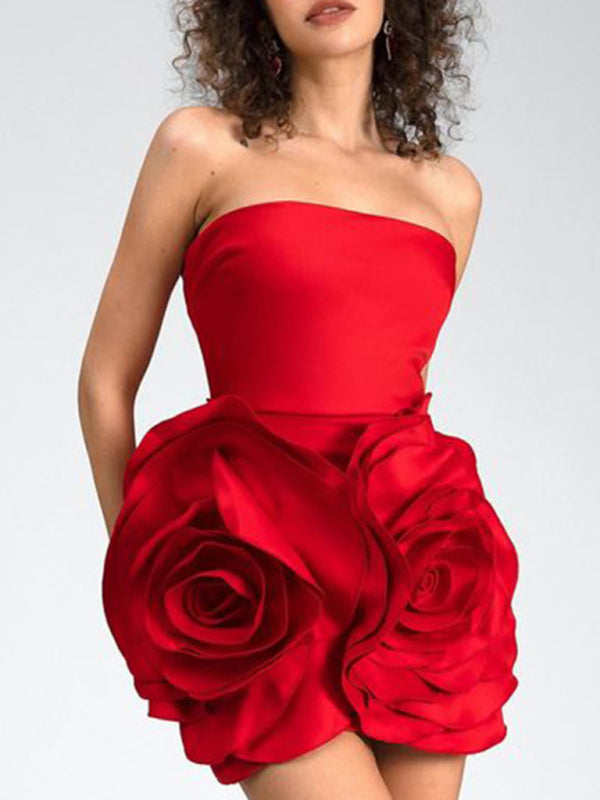 Tube Dresses - Bold Rose Applique Strapless Dress for Wedding Receptions